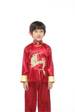 大红绸缎绣大龙儿童春秋冬季男孩传统演出长袖套装中式唐装民族服