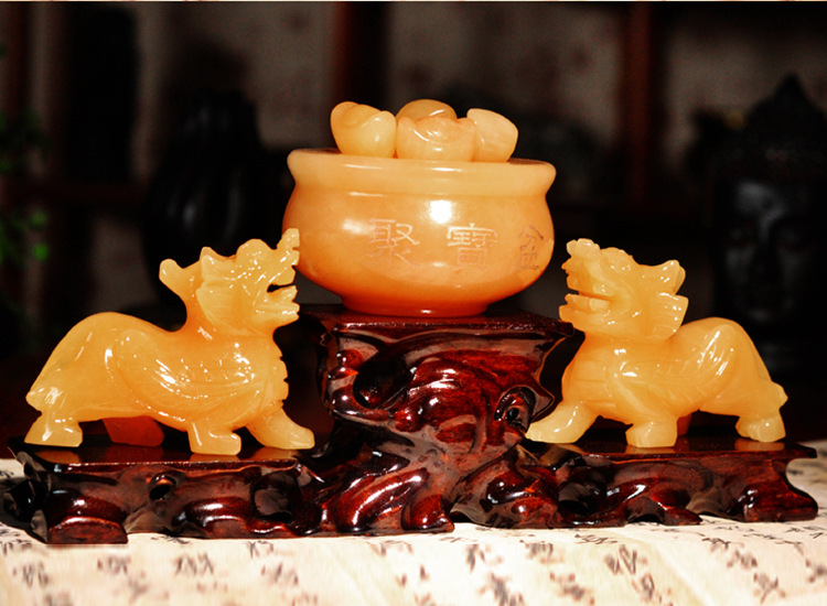 批发米黄玉貔貅阵摆件 精工黄玉聚宝盆聚财阵招财 新房开业礼品