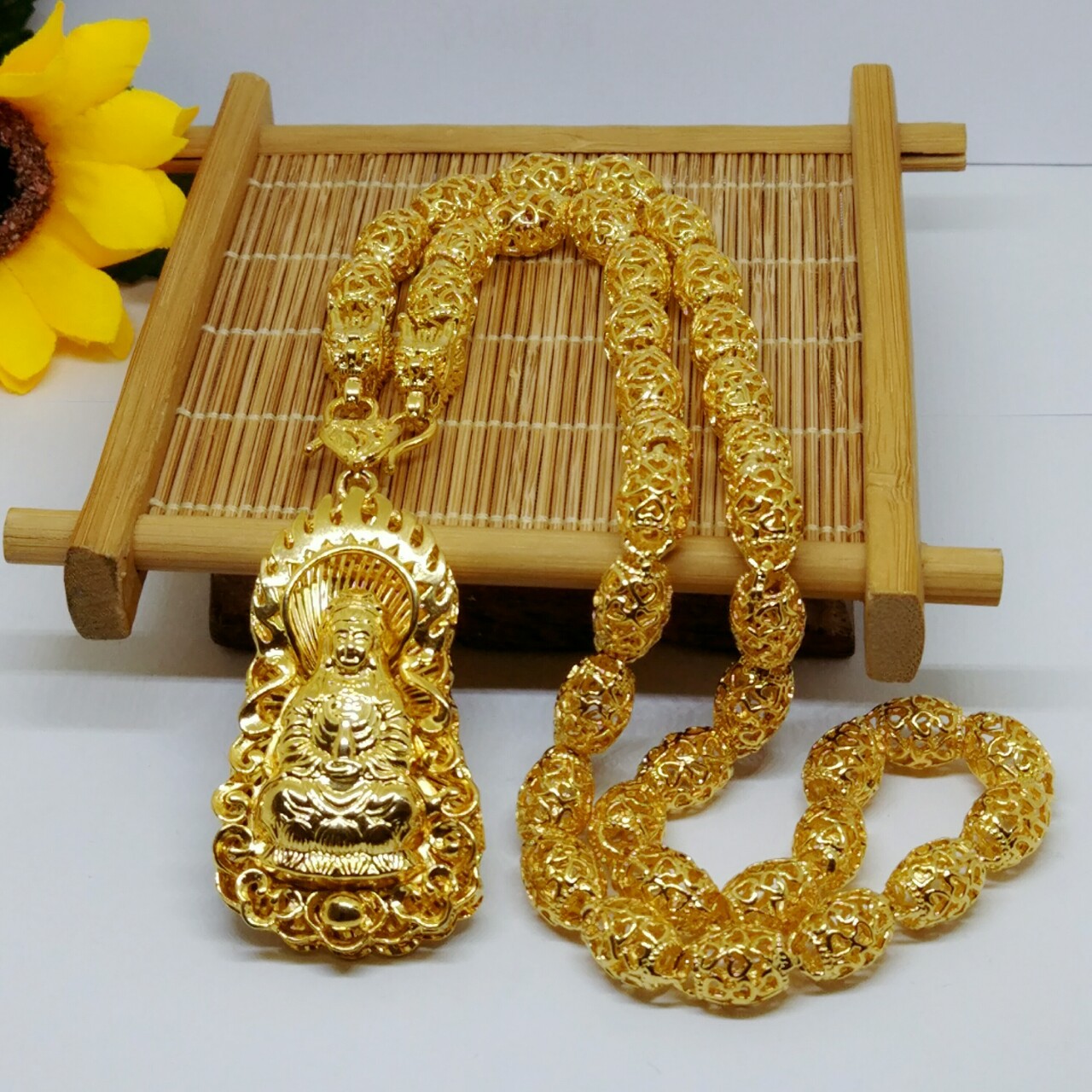 南非锡金饰品 时尚款镂空男士观音套链 黄铜镀金首饰品久不掉色