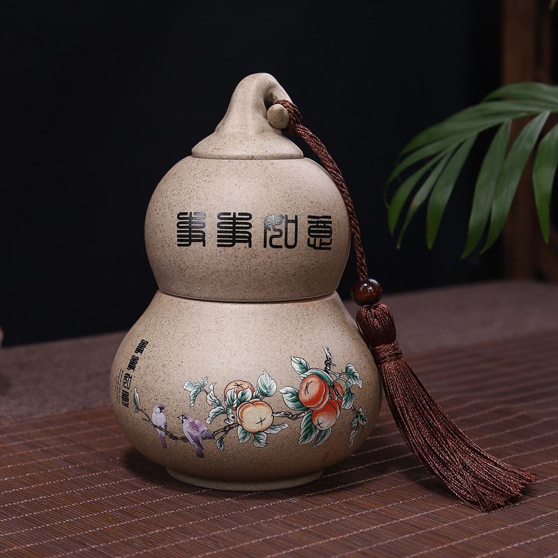 复古彩陶罐双层葫芦茶叶罐可装糖果干果等多功能陶瓷密封罐子批发