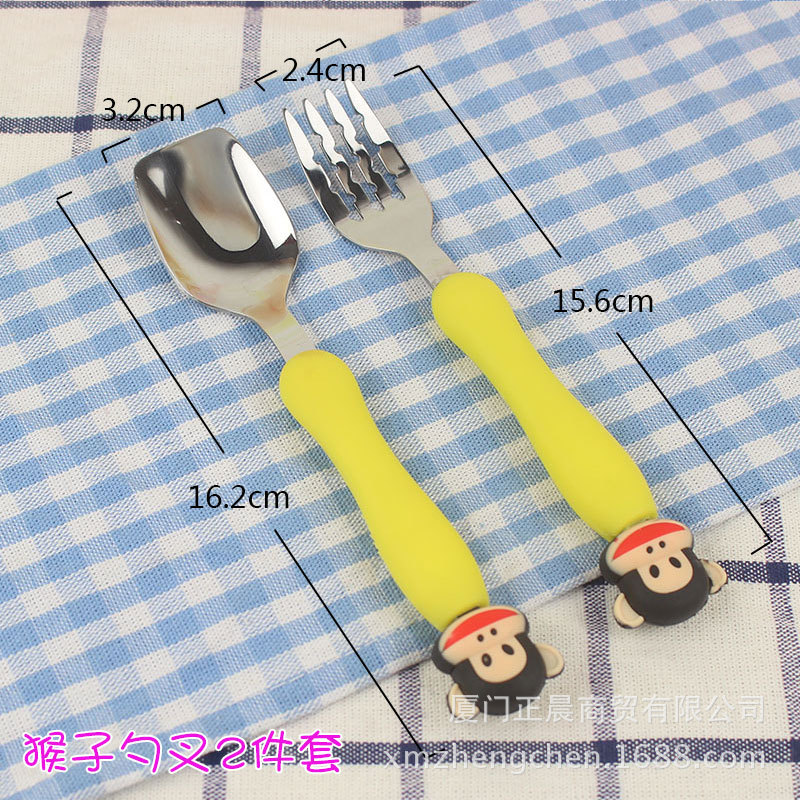 Wholesale Children's Tableware Stainless Steel Spoon Fork Fun Cartoon Tableware Set Animal Spoon Fork Rabbit Monkey Creative