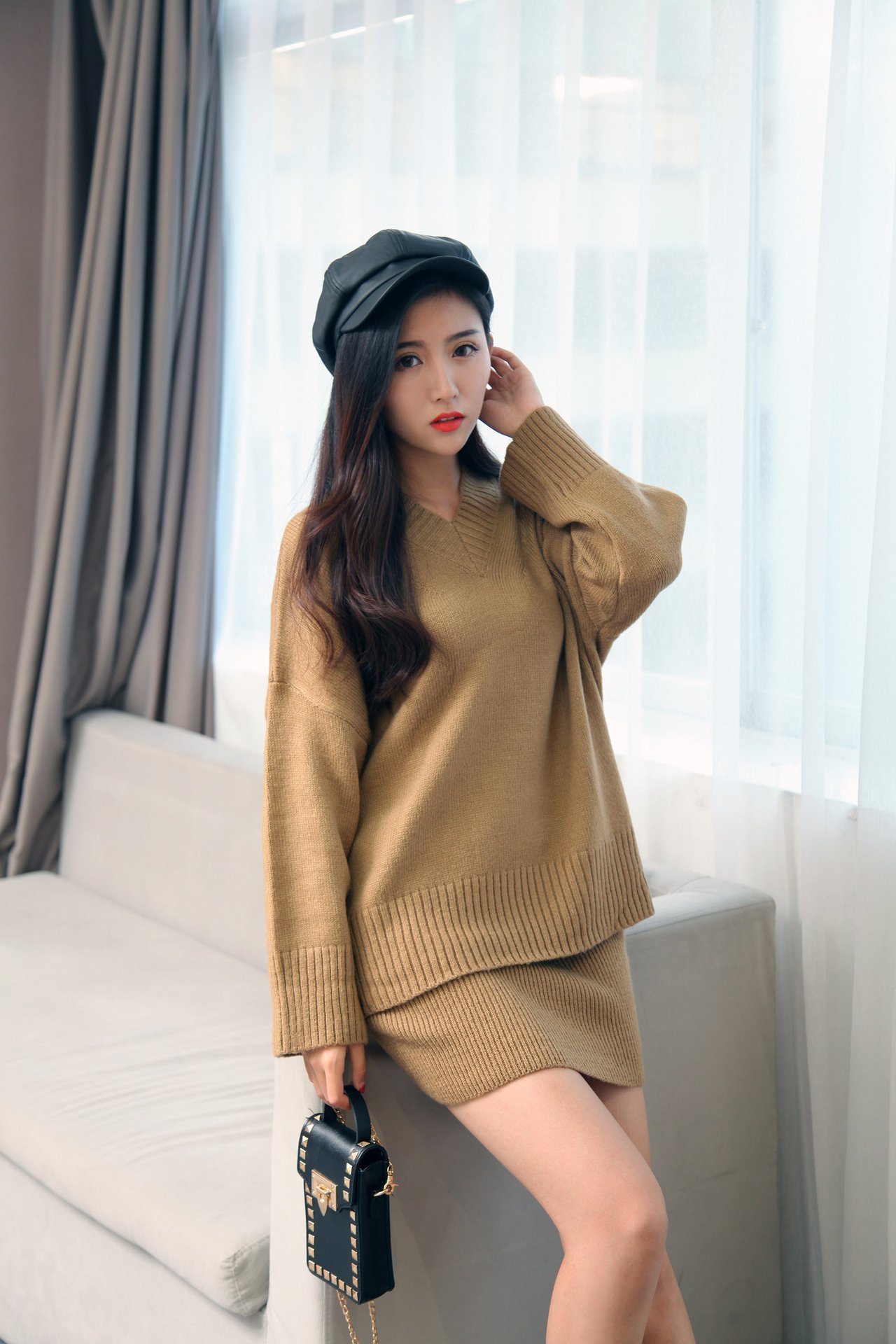 2016秋冬韩版女装时尚两件套针织上衣 包臀裙纯色休闲毛衣裙套装