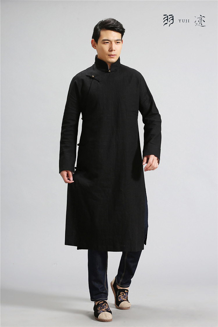 中国风男装民国风麻长袍立领复古唐装宽松长衫演出相声大褂伴郎服