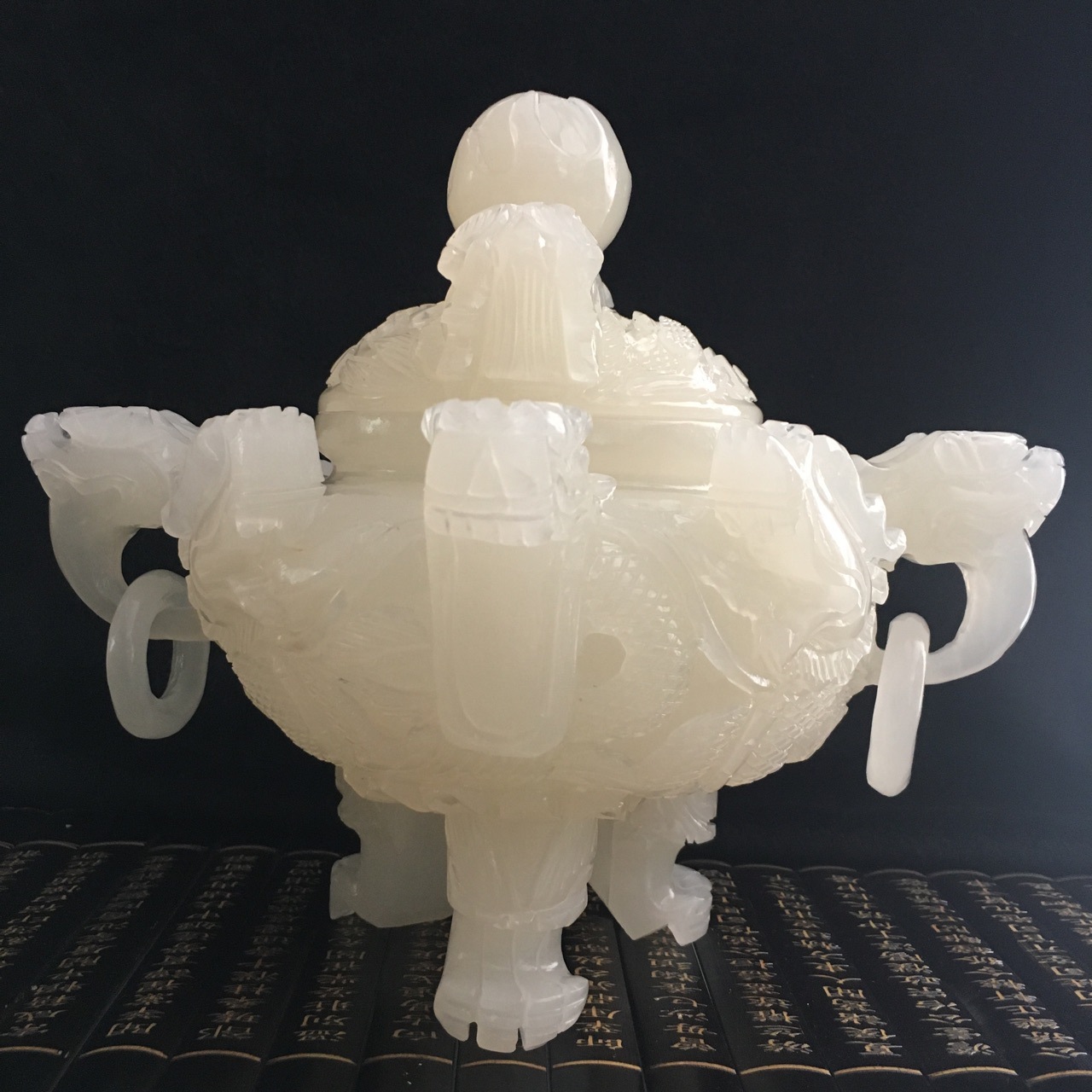 冰种阿富汗玉白玉九龙鼎摆件 羊脂级玉料香炉玉雕玉器工艺品摆设