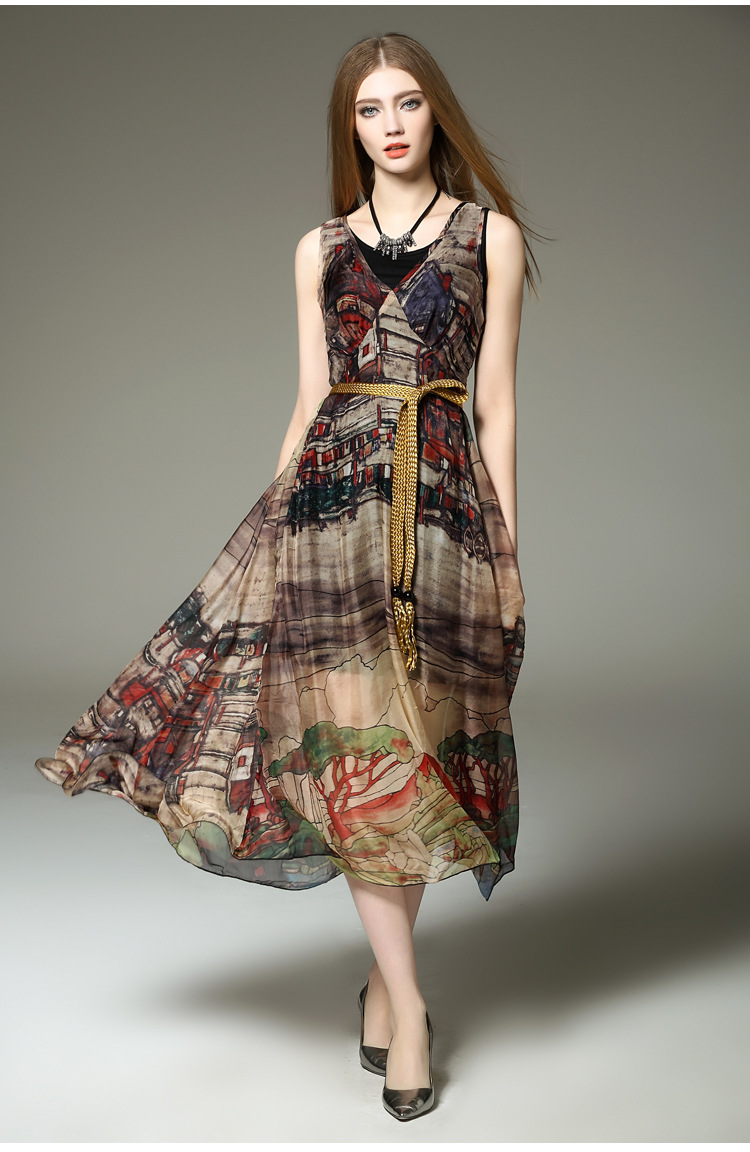 2016春夏季新款女装高端真丝连衣裙女士长裙夏新款无袖印花百褶裙