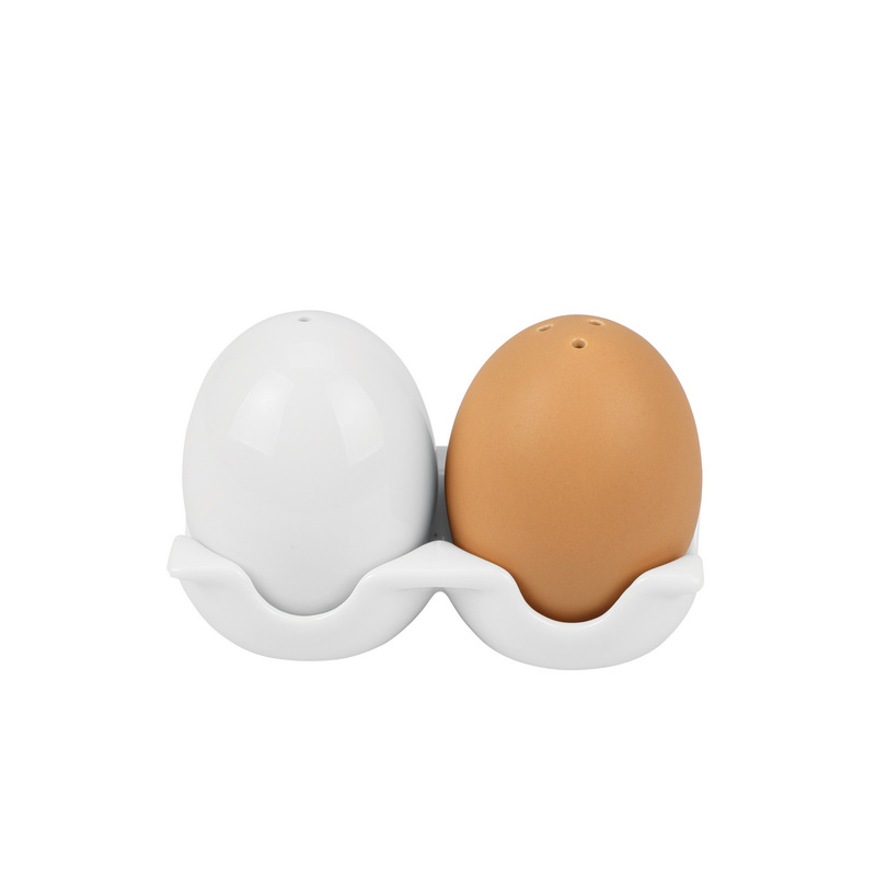 批发黄白双色陶瓷调味具 创意厨房味具 2格鸡蛋形陶瓷味具配底座