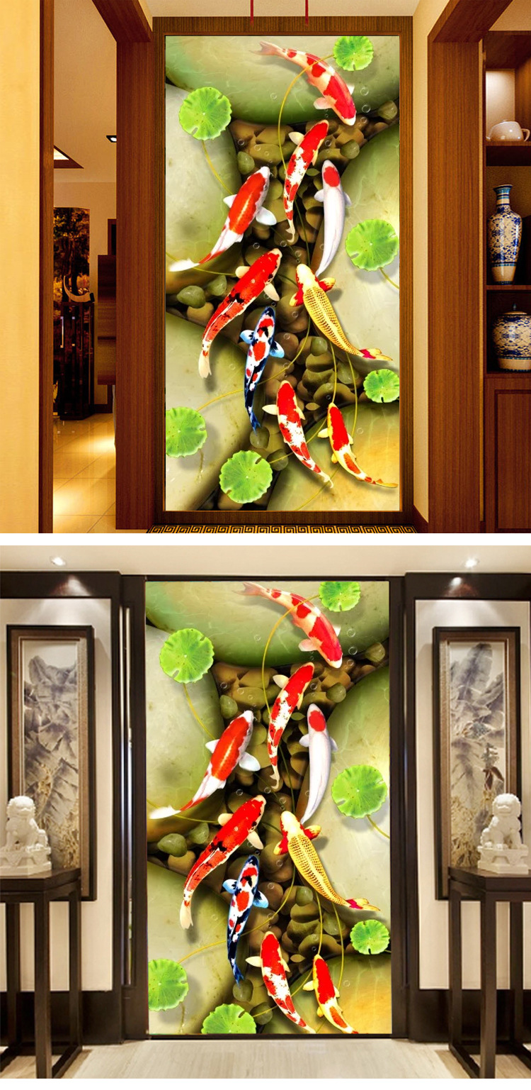 中式九鱼图壁画3d立体墙纸玄关竖版过道影视无纺布墙纸壁纸