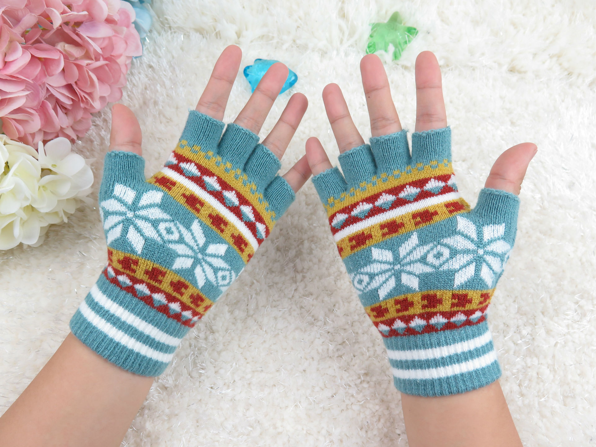 女士手套优品厂家直销 提花雪花针织手套 秋冬季保暖半指毛线手套