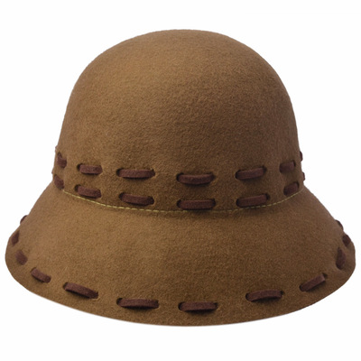 2018韩版秋冬新款 英伦复古圆顶毡帽 黑色加线条盆帽 时尚礼帽