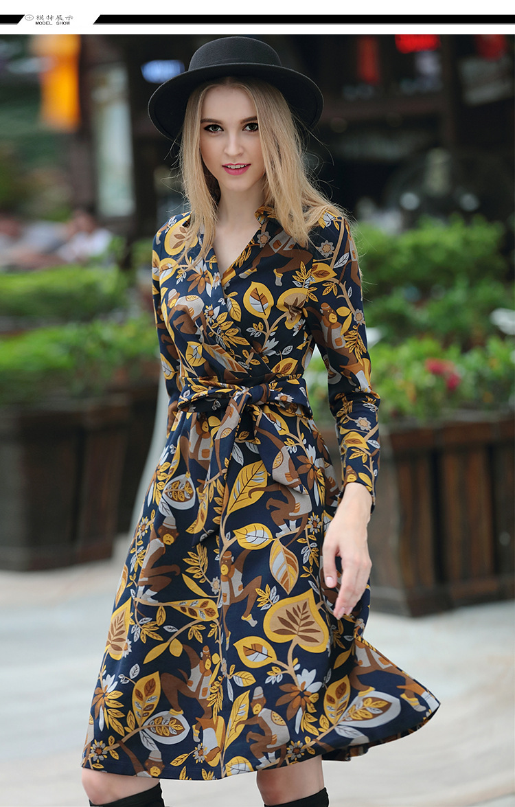 欧美大牌v领碎花印花长袖修身欧洲站长袖连衣裙春新款16264