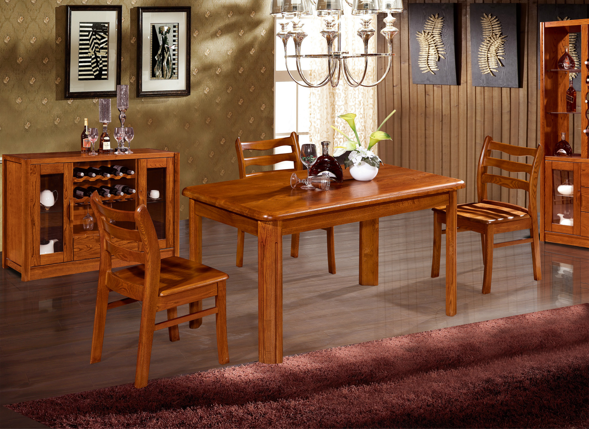 新款家用实木餐桌椅 纯榆木中式餐厅桌椅套装 2色可选