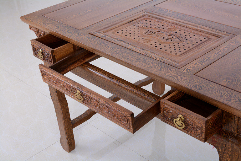 中式古典 鸡翅木仿古茶几红木家具 餐椅秦式泡茶桌六件套 茶桌