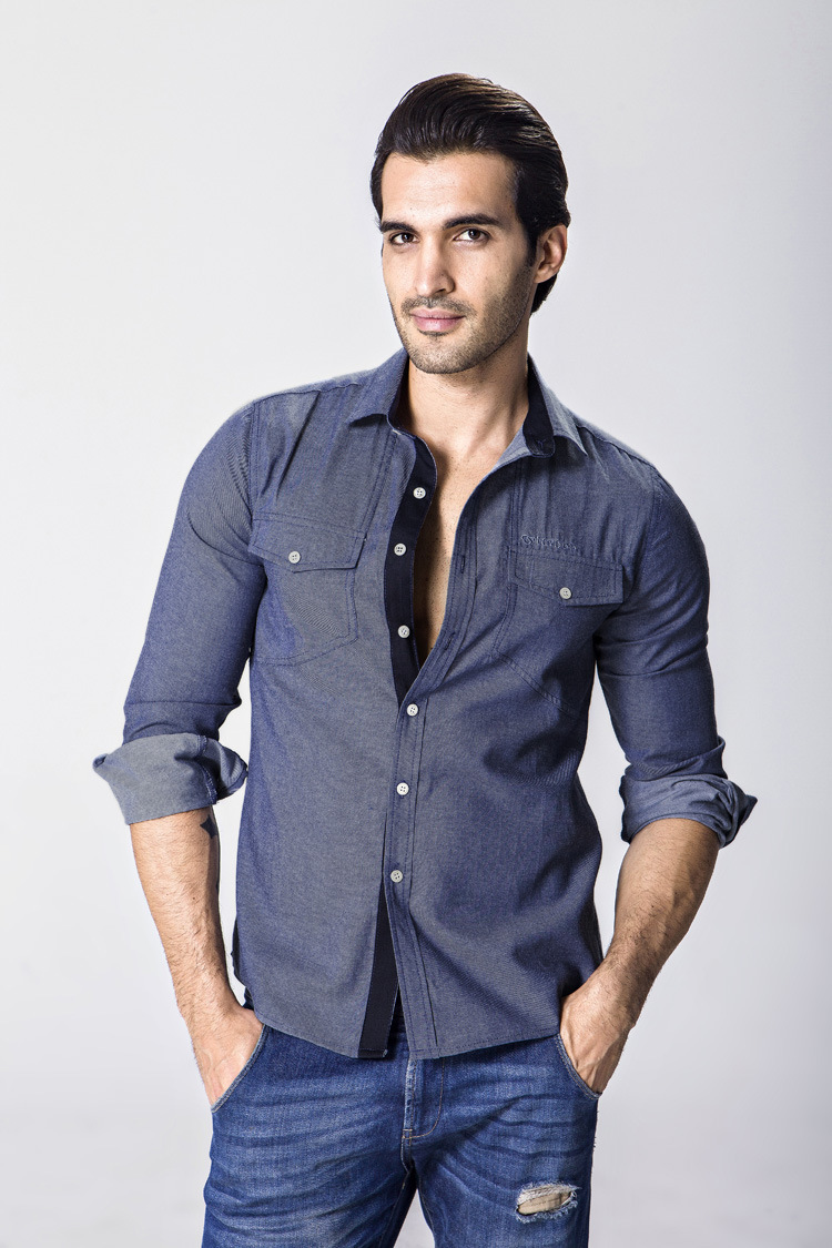 欧美风男士牛仔门襟撞色长袖衬衫时尚男装男