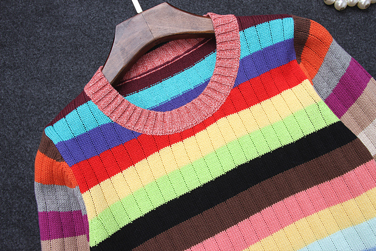 2016早秋款baby明星同款彩色条纹拼色彩虹毛衣套头针织衫上衣女