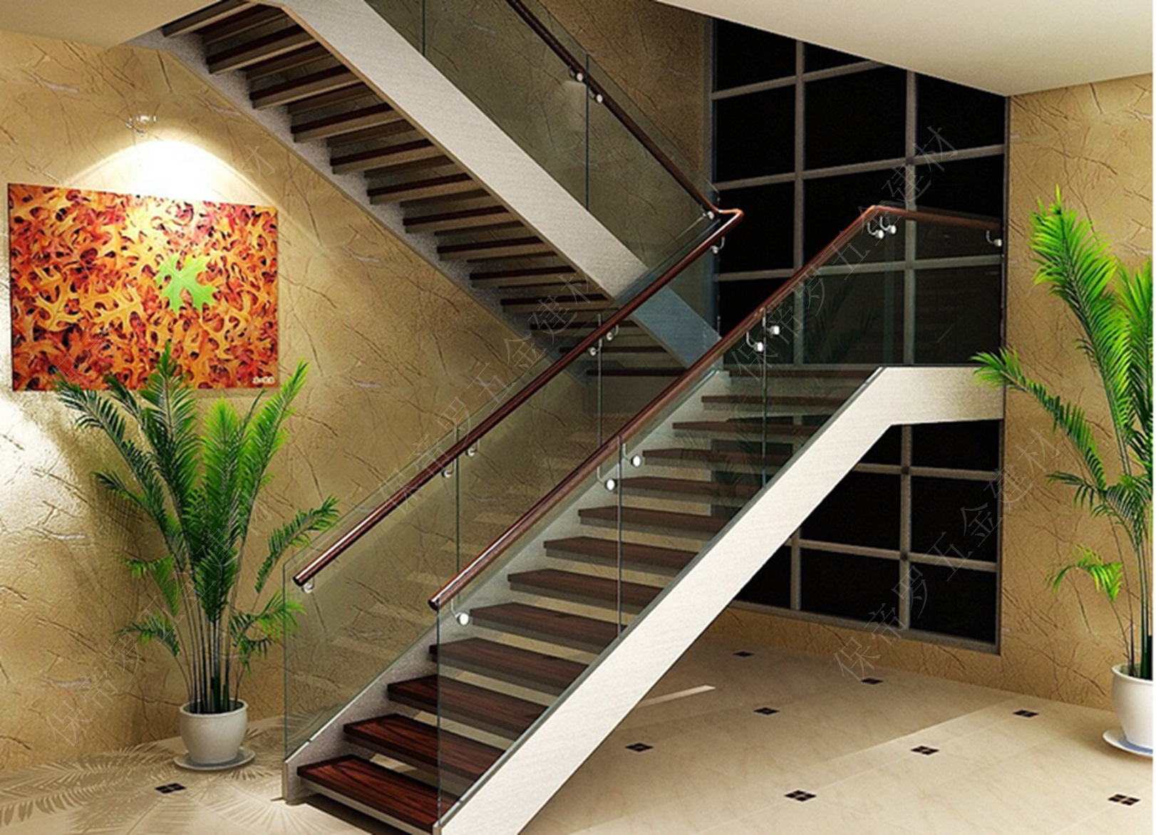 室内钢木 不锈钢玻璃栏杆木踏板楼梯扶手护栏 别墅栏杆