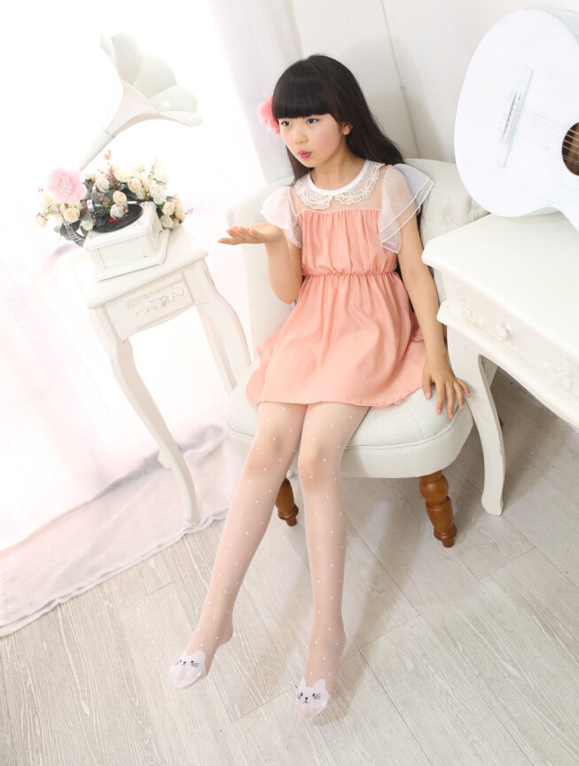 春夏款超薄丝袜女童连裤袜打底裤袜水晶包芯丝小猫点点儿童连裤袜