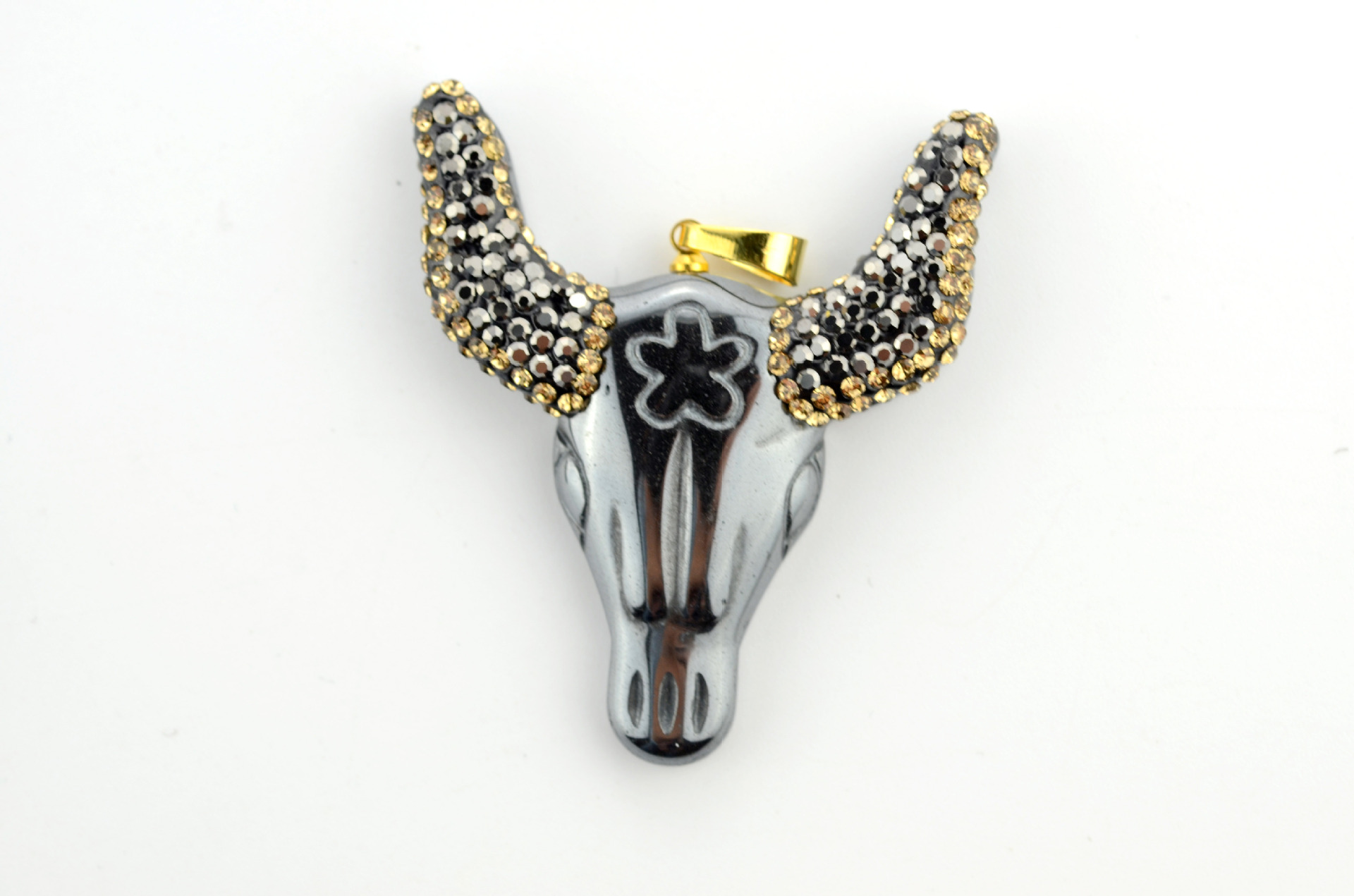 天然黑胆牛头吊坠 点钻牛头 牛角 项链 欧美时尚饰品