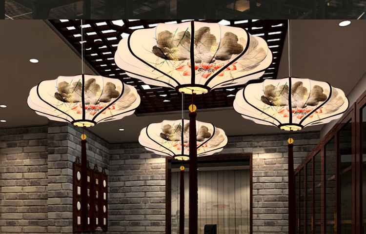 中国风 新中式吊灯客厅餐厅仿古灯具 创意古典艺术手绘画布艺灯笼