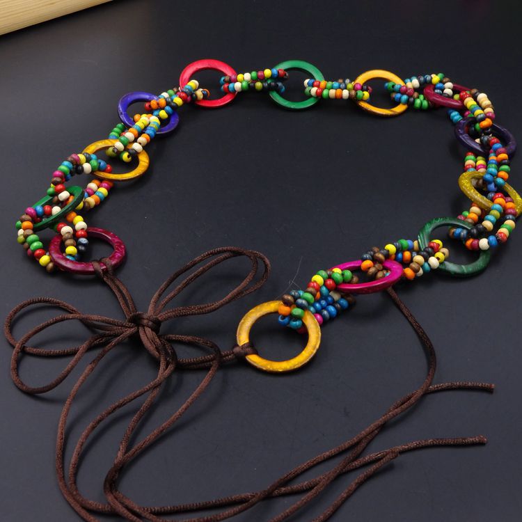 波西米亚风 蜡绳全手工木珠编织女士腰带复古流苏腰链 民族风07