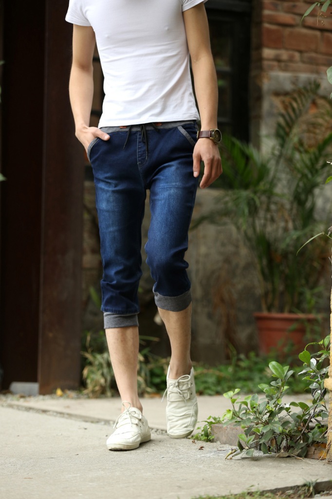 夏爆款男式牛仔裤男士修身靓仔时尚小脚系带弹力七分牛仔休闲裤潮