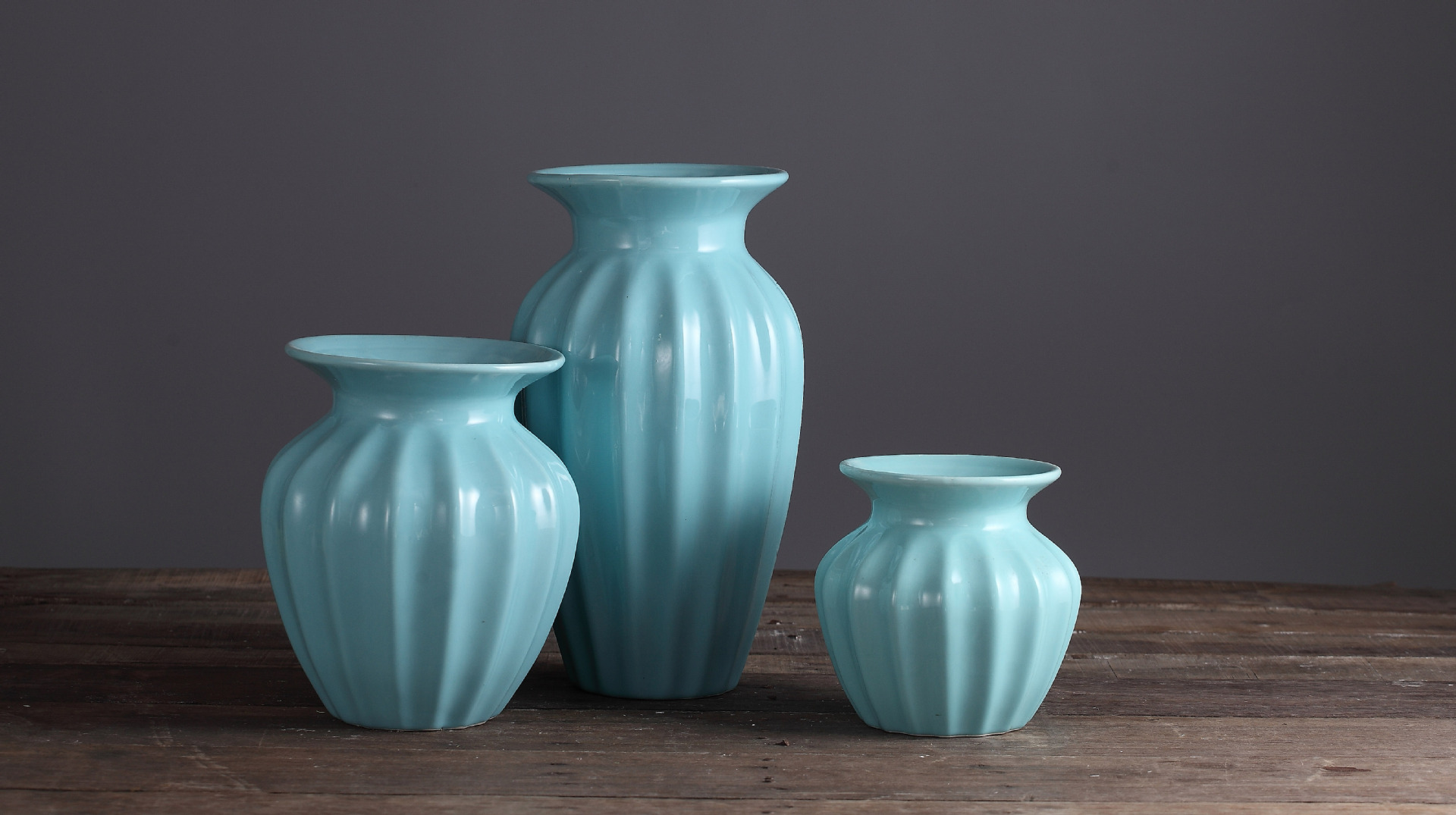 【批发蓝白色釉欧式复古陶瓷花瓶 落地水培工艺摆件三件套 大号】价格