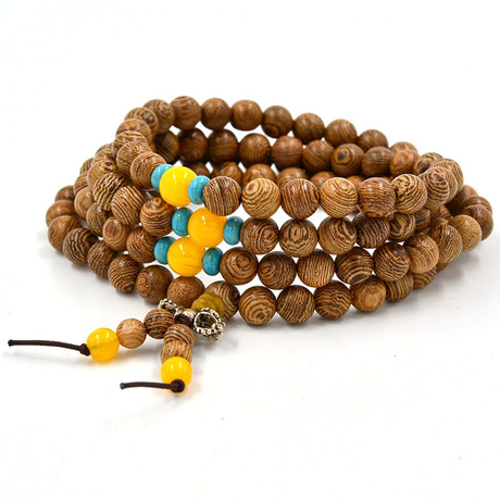 天然鸡翅木108颗佛珠手链黄色蜜蜡隔珠多圈手串结缘地摊热卖