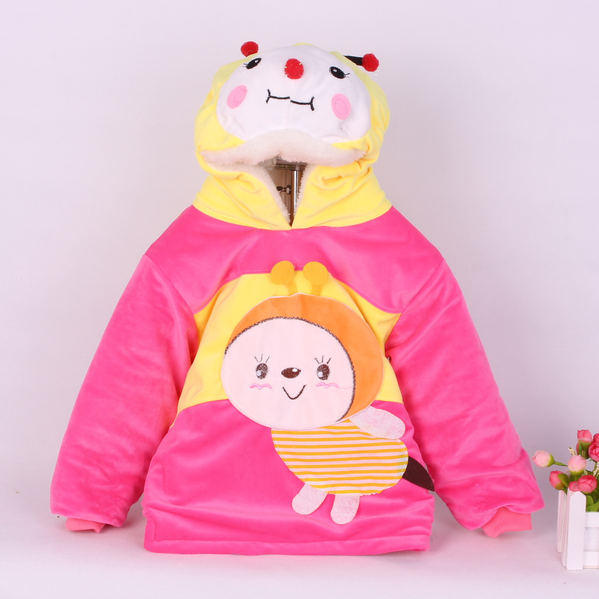 2016年儿童冬季卡通带帽夹棉罩衣水晶绒加厚背后拉链倒穿衣超可爱