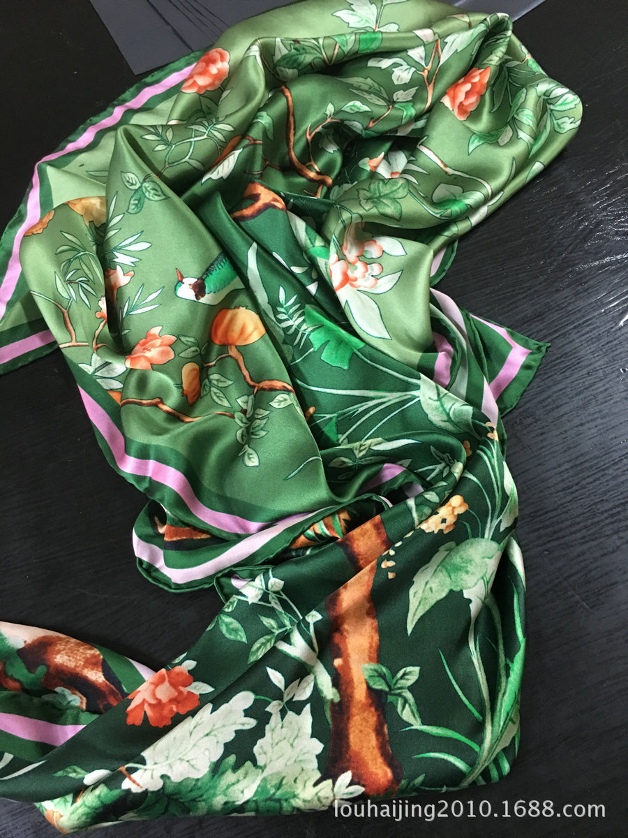 供应丝巾 100%真丝森林鸟纯手工卷边大方巾/围巾/丝巾