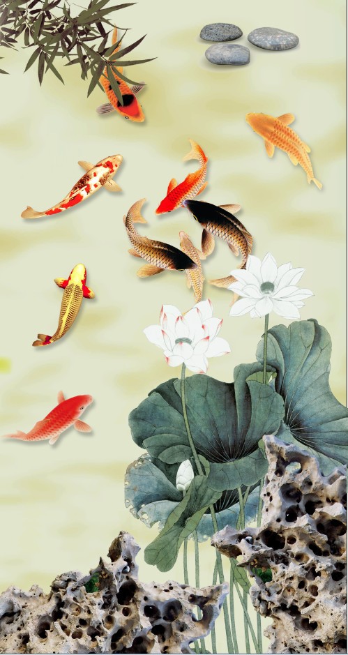 大型壁画九鱼图玄关竖版3d立体中式壁画走廊过道电视背景墙纸