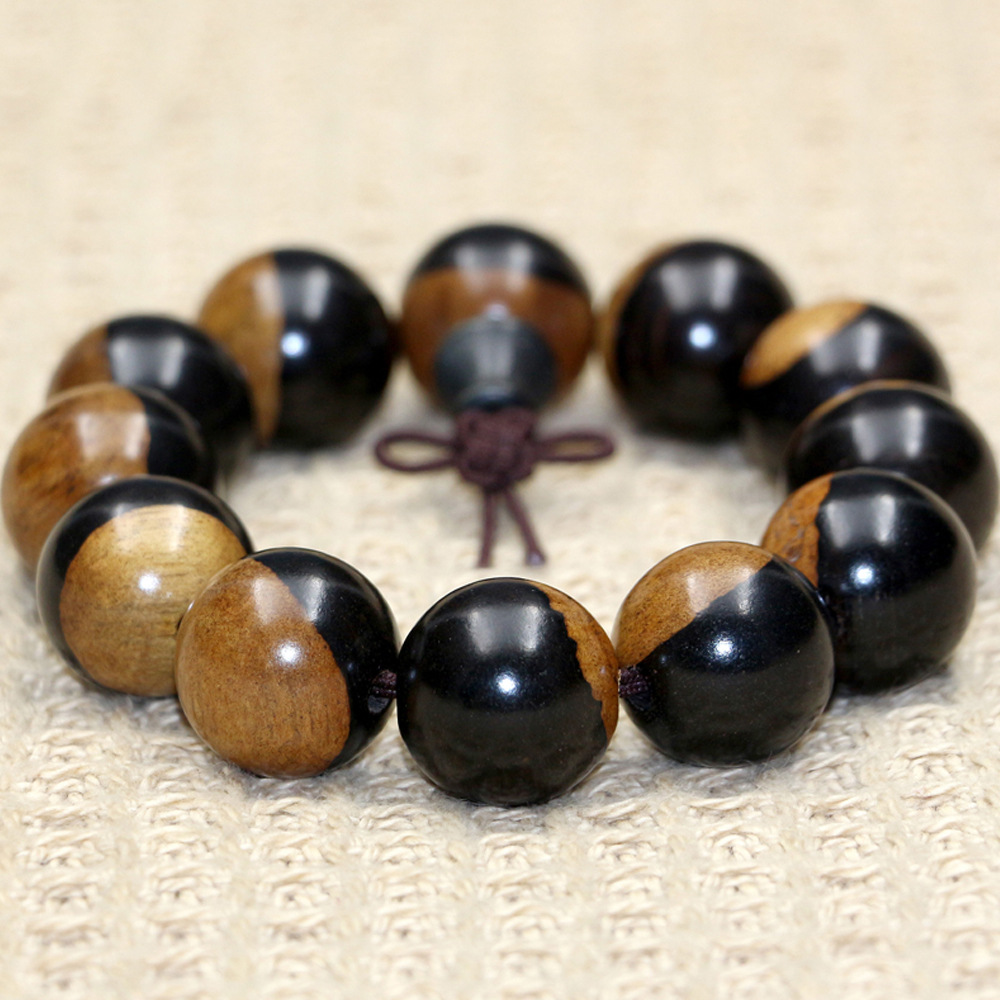 岱之檀 厂家批发 黑黄檀阴阳木佛珠男士手串手链15-20mm 地摊货源