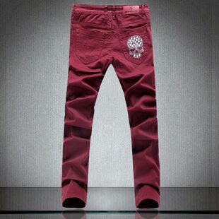 2017春秋款骷髅头烫钻破洞牛仔裤男士纯棉修身型男装红色牛仔长裤