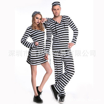 新款分码万圣节表演服男女警情侣黑白条纹服情侣款囚服长袖舞台装