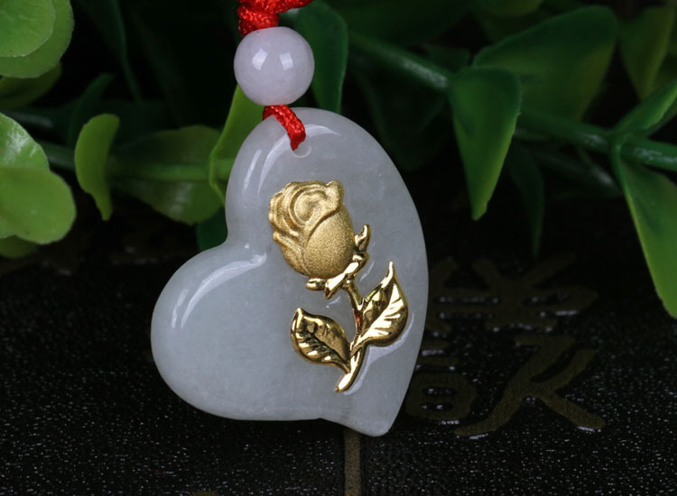 绿玺翡翠金镶玉玫瑰花吊坠a货心形女款节日礼物足