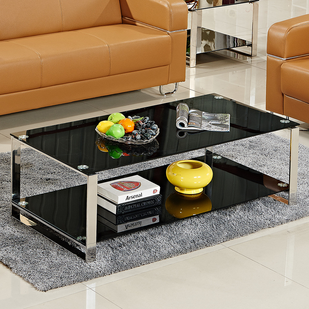 现代简约办公茶几不锈钢化玻璃双层茶几客厅办公室茶几黑色