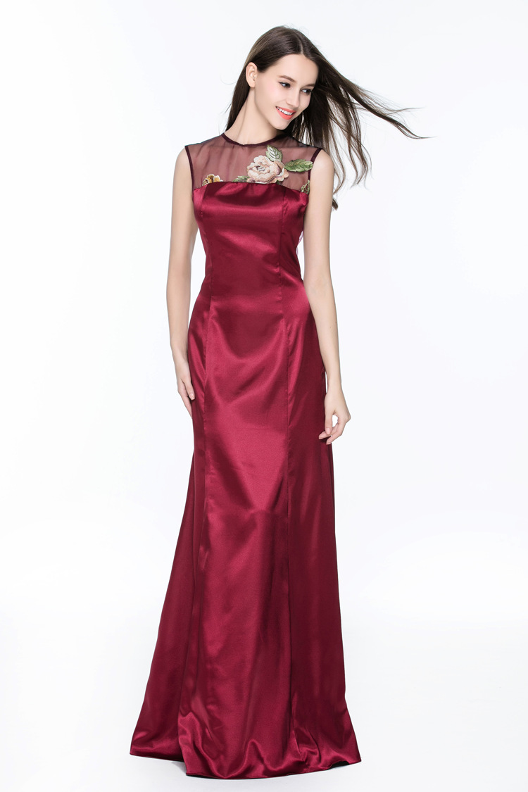 ck531新款时尚无袖刺绣网纱露背性感修身绸缎宴会晚礼服长款女