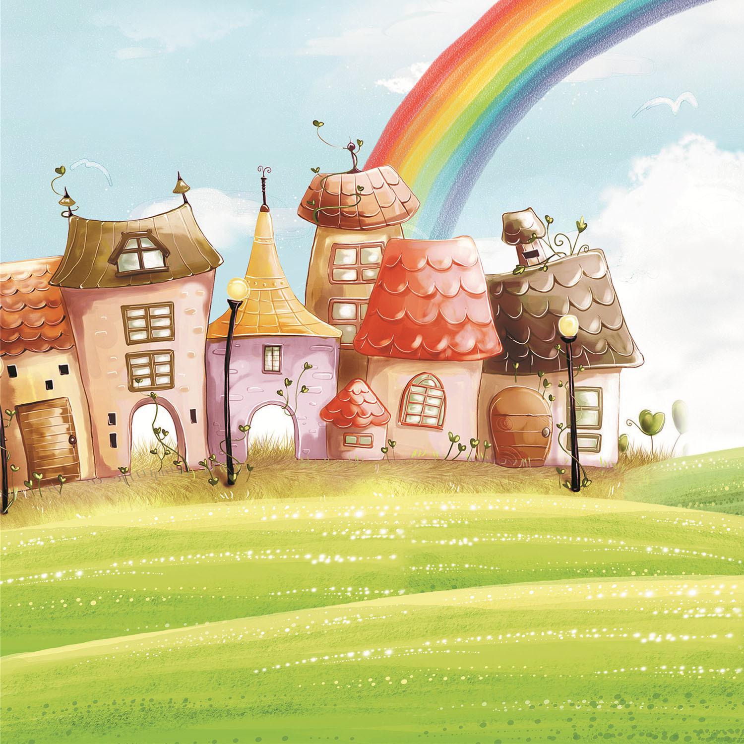 大型壁画3d卡通彩虹乐园墙纸儿童房卧室壁纸手绘背景墙壁纸fq377