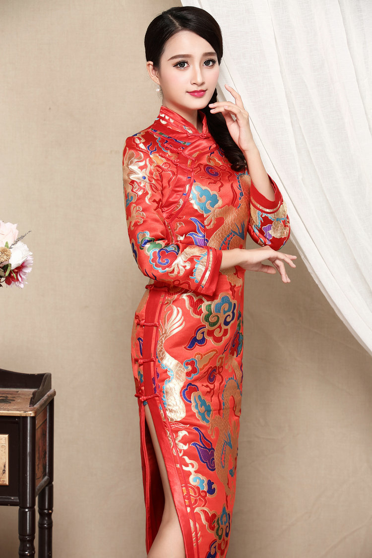 复古唐装长袖织锦缎开衩长款旗袍裙(货号 yk20161037)