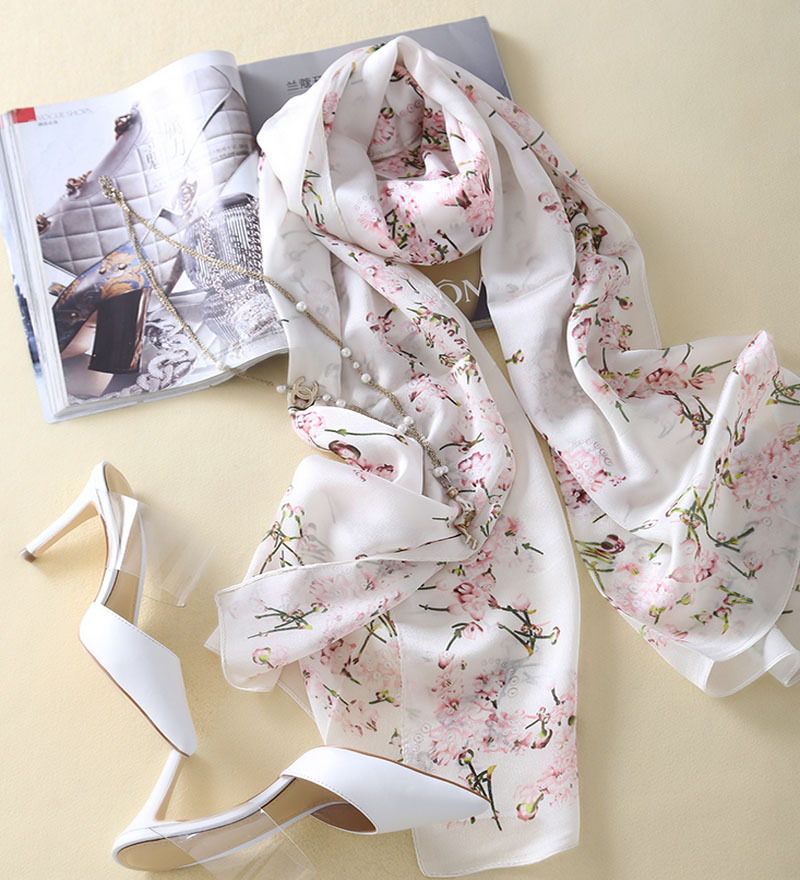 杭州丝绸桑蚕丝樱花长巾真丝乔其缎丝巾 围巾披肩两用现货批发