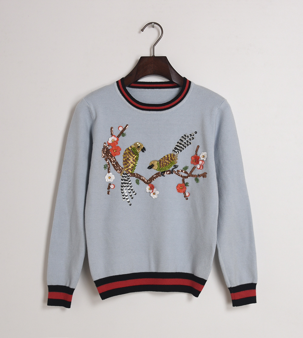 冬季毛衣女新款 重手工亮片梅花鸟针织毛衣圆领套头女式上衣1029