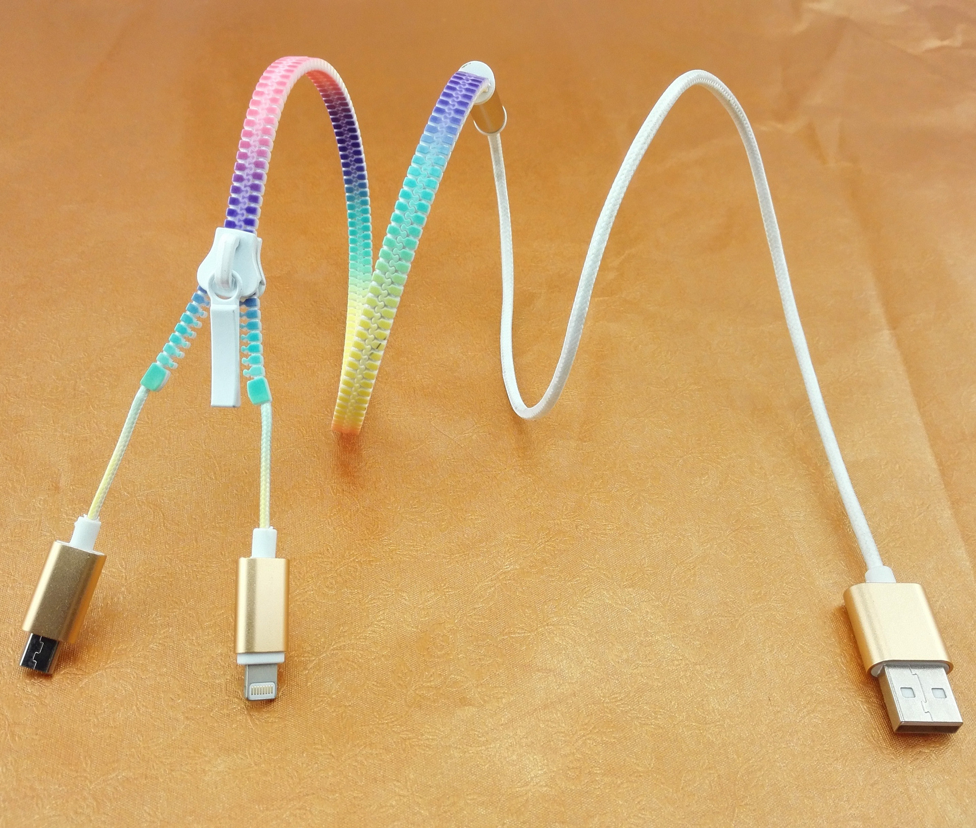 2016年热销中性创意拉链线usb七彩二合一数据线安卓