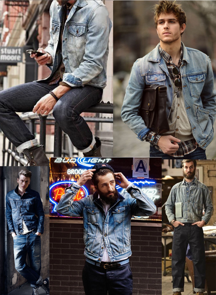 欧美复古阿美咔叽ruggison拼接灯芯绒水洗做旧弹力牛仔夹克外套男