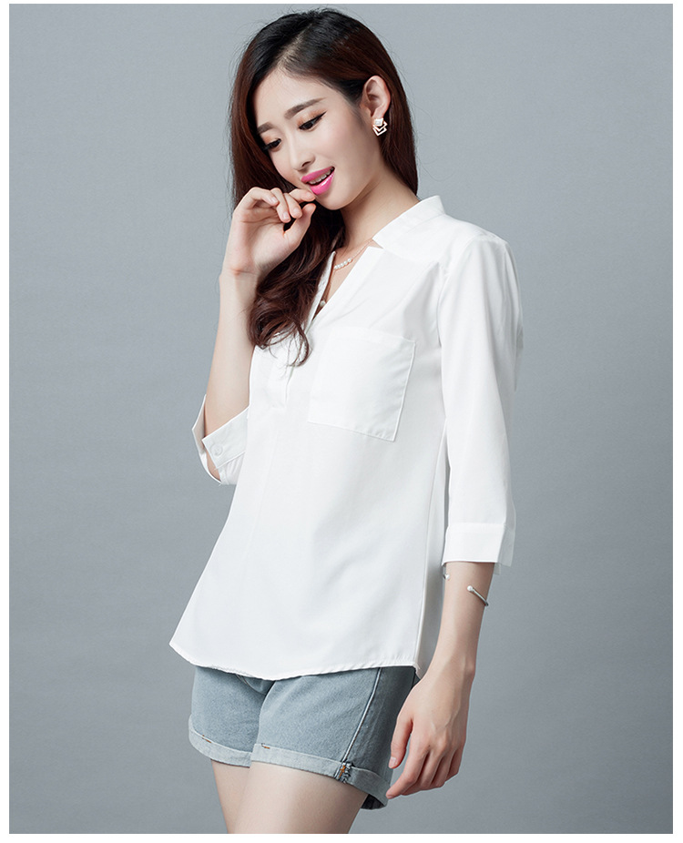 2016夏季女装雪纺衫立领上衣半袖白色百搭女式衬衫大码衬衣批发