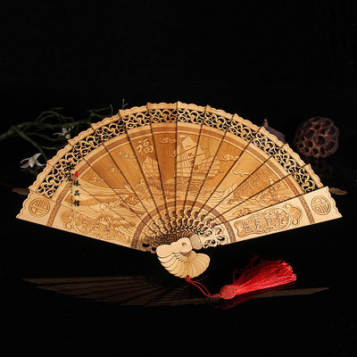 崖柏镂空扇子 实木雕花一帆风顺实木扇子工艺扇 夏日扇子礼品