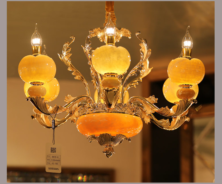 天然黄龙玉石吊灯客厅欧式大灯具法式灯具奢华led蜡烛餐厅吊.