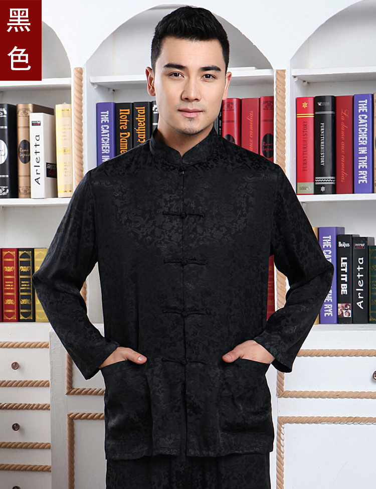 中老年长袖唐装男上衣 春夏季长袖真丝民族服装汉服桑蚕丝唐装男