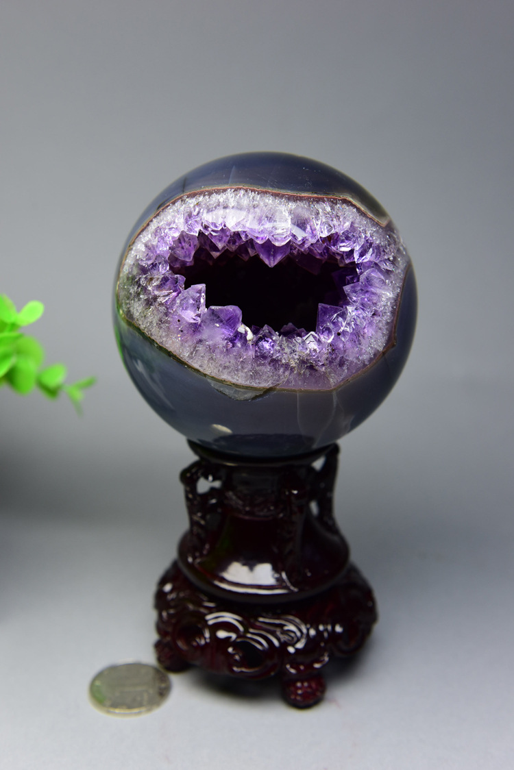 天然开口笑原石 玛瑙紫晶洞摆件 玛瑙球紫晶洞 风水摆件