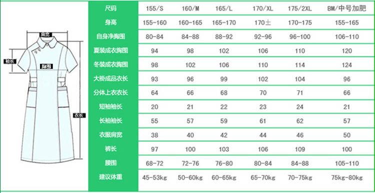 隆群护士服尺码表