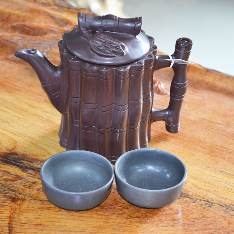 松花石 竹子茶具配2杯子 精美雕刻 工艺收藏品 厂家直销