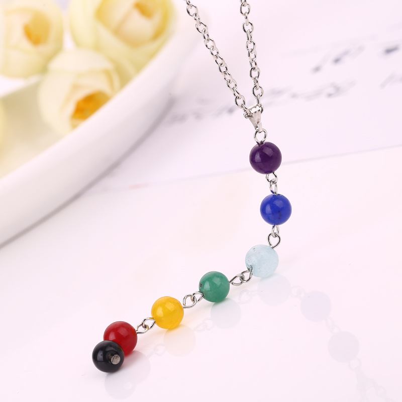 European and American Ornament Natural Stone Colorful Beads Pendant Yoga Beads Energy Wheel Necklace Wholesale