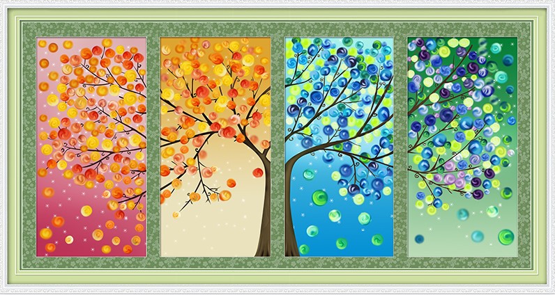 速卖通热卖四季发财树四联画多拼图墙贴装饰